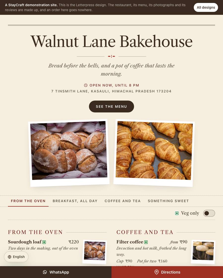 The Letterpress design, shown on a live StayCraft site
