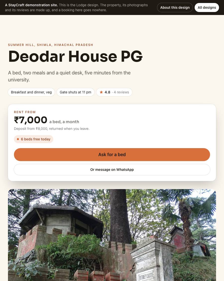 The Lodge design, shown on a live StayCraft site