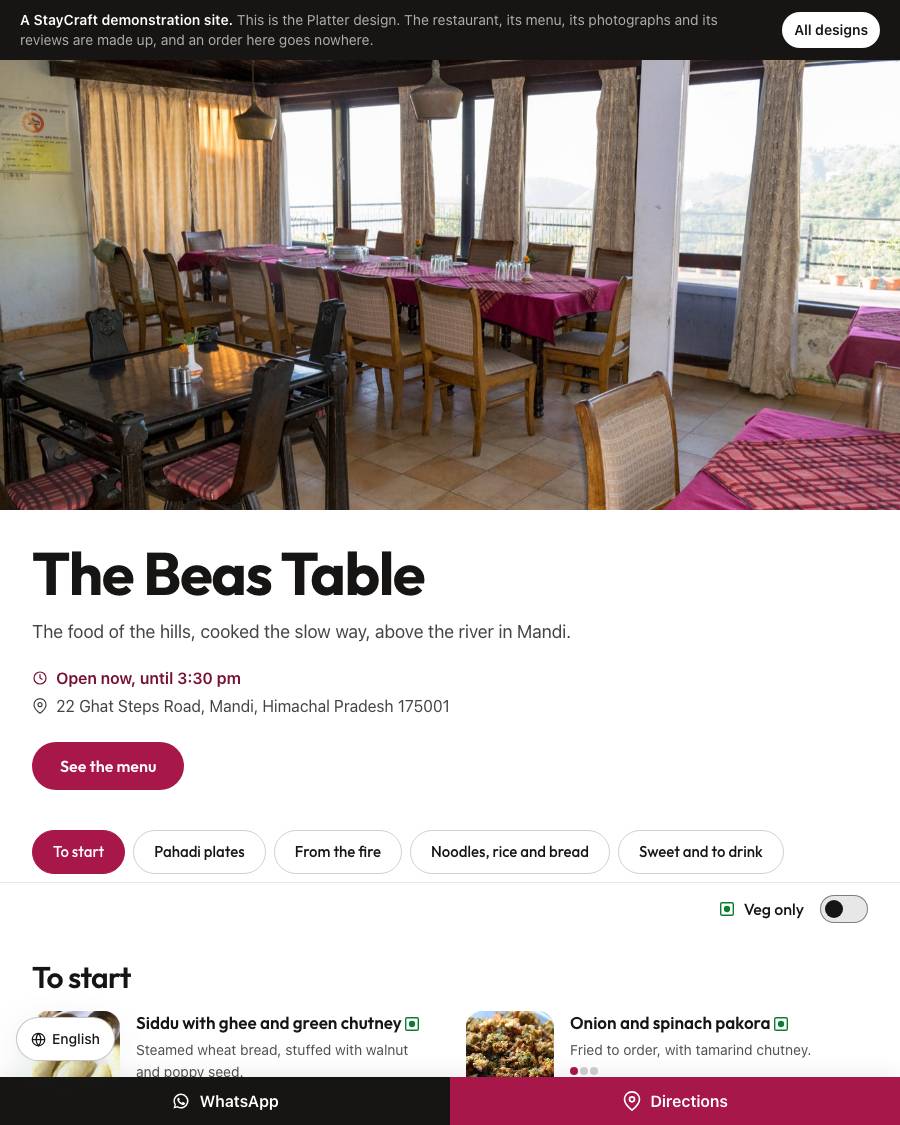 The Platter design, shown on a live StayCraft site