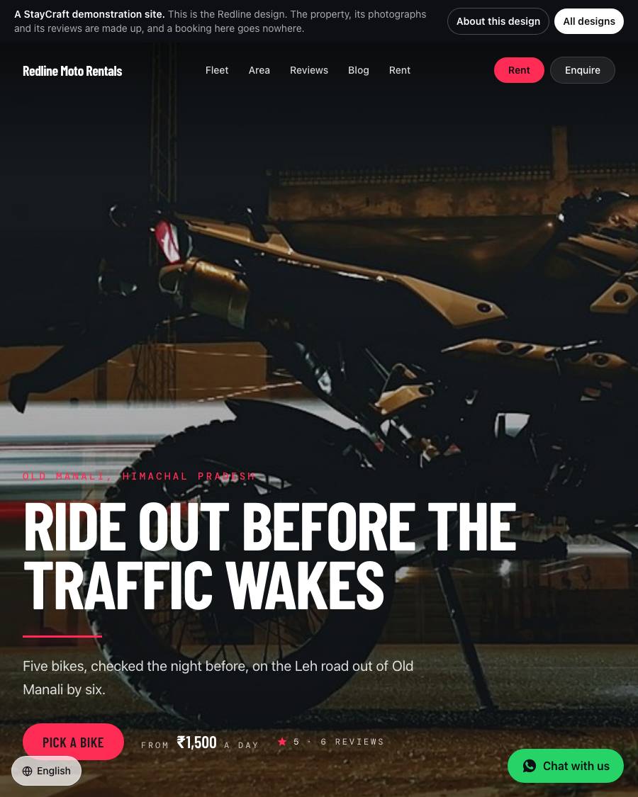 The Redline design, shown on a live StayCraft site